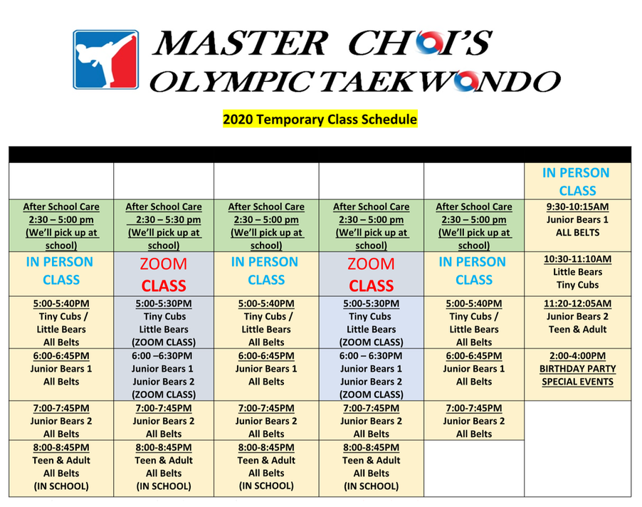TKD Class Schedule Master Choi's Olympic Taekwondo